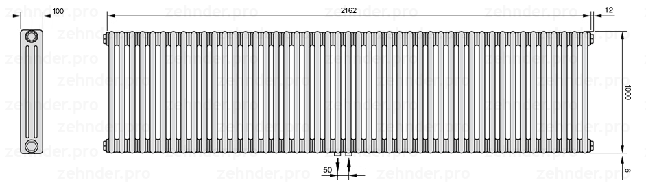 Схема (чертеж) Радиатор Zehnder Charleston 3100/47 №5410 Белый глянцевый RAL 9016